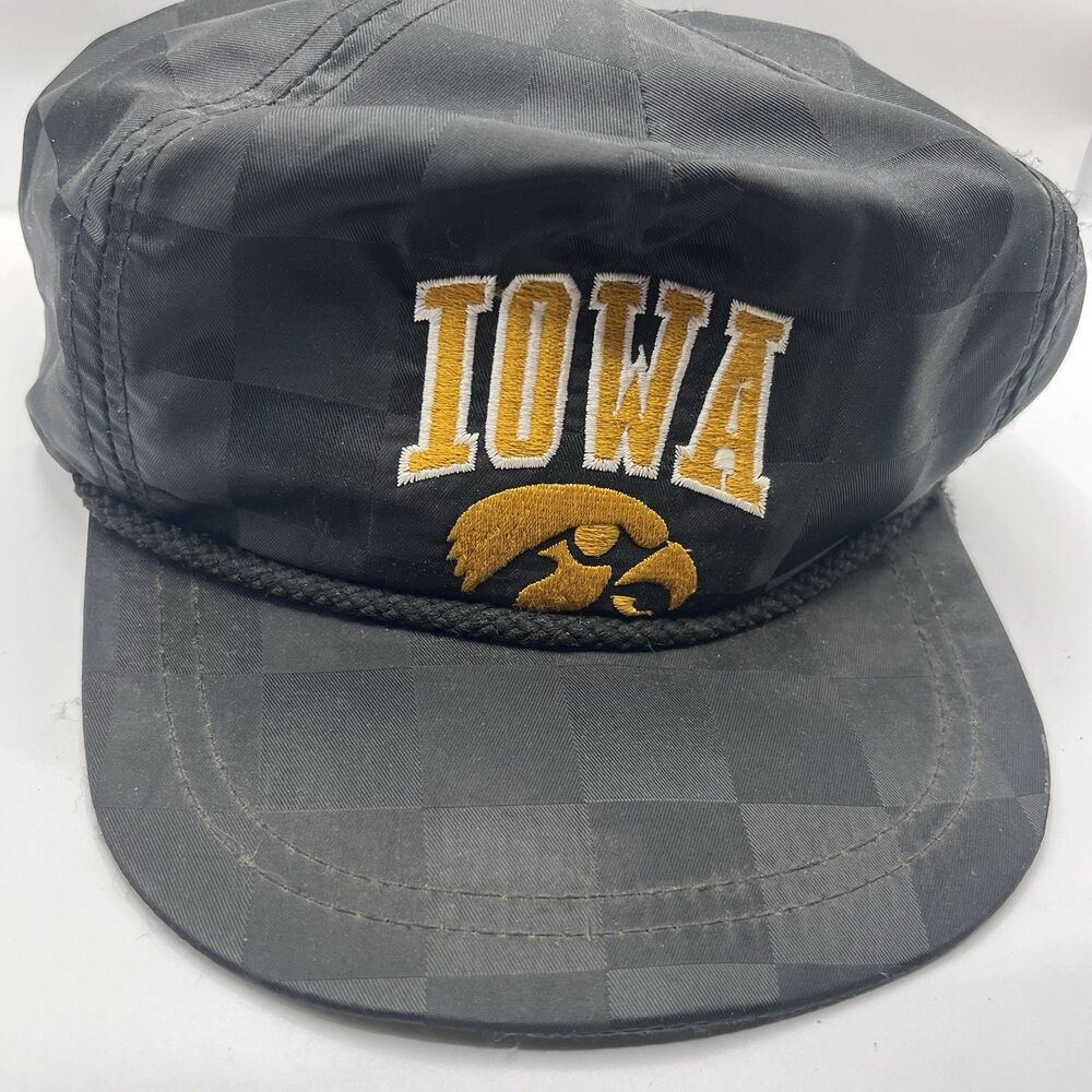 Vintage Iowa Hawkeyes Checkered Hat Vintage Rope Style Leather Strap Made Usa